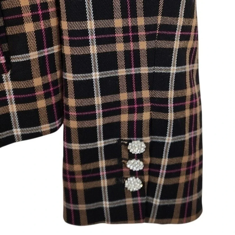 CeCe Plaid Blazer Jacket Black Tan Pink Rhinestone Button Front Women's Large‎ - Picture 6 of 12